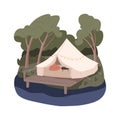 Premium tent in nature. Modern comfortable camping, glamping in forest by water. Remote cosy place outdoor for peaceful