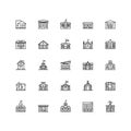 Set of Clean Linear Icons Representing Different Types of Buildings Such as Office Hotel Hospital Court Shop Factory Church Royalty Free Stock Photo