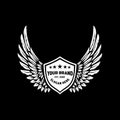 Premium white wings badge shield emblem logo design vector isolated on black background Royalty Free Stock Photo