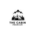 Premium wooden cabin and pine forest mountain retro vector black logo design