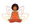 Prenatal yoga. Vector illustration of young cute african girl meditating in lotus position with flower petals in pink and orange g Royalty Free Stock Photo
