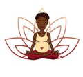 Prenatal yoga. Vector illustration of young cute African girl meditating in lotus position with flower petals in red and orange gr