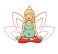 Prenatal yoga. Vector illustration of young cute blonde girl meditating in lotus position with flower petals in pink and blue grad Royalty Free Stock Photo