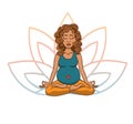 Prenatal yoga. Vector illustration of young cute Latin American girl meditating in lotus position with flower petals in pink and b