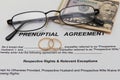 Prenuptial Agreement form and two wedding rings