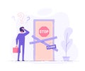 Preoccupied business man is standing near the closed door and scratching his head. Metaphor of issues and questions. Modern vector