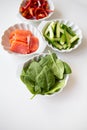 Preparation of all ingredients for cooking sushi seafood, vegetables, rice, nori, sticks Royalty Free Stock Photo