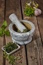 Preparation of green sauce from herbs in mortar with pestle Royalty Free Stock Photo