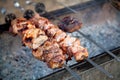 Preparation of barbecue meat shish kebab on skewers grill. Concept lifestyle street food.