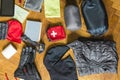Things to pack for a hiking trip and overnight at a mountain lodge. Royalty Free Stock Photo