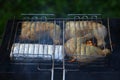 Preparation on bbq. Hot tasty smokey barbecue meal at coals and burnt firewood. Cooking on fire outdoor. Nice smelling food. Fried Royalty Free Stock Photo