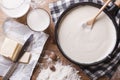 Preparation of bechamel sauce horizontal top view close-up