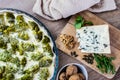 Preparation of a broccoli pie with Roquefort cheese and nuts