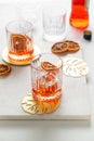 Preparation of classic Italian Aperol Spritz cocktail Royalty Free Stock Photo