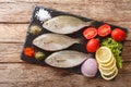 Preparation for cooking Sarpa salpa fish with lemon, vegetables and spices close-up on a slate board. horizontal top view Royalty Free Stock Photo