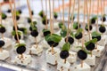 Appetizers with soft goat cheese with olives and mint leaves