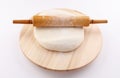 Preparation Dough and Rolling pin on wood circle shape on white background