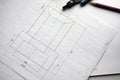 Preparation for drafting documents, drawings, tools and diagrams on the table. Royalty Free Stock Photo