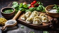 Preparation dumpling gedza with spinach. On dark rustic background, Generative AI