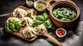 Preparation dumpling gedza with spinach. On dark rustic background, Generative AI