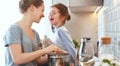 Preparation of family breakfast. mother and child daughter cook