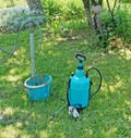Preparation and filling of a garden sprayer with a herbicide for Royalty Free Stock Photo