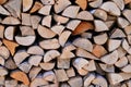 Preparation of firewood for winter. A woodpile made of birch wood. Stacks of Firewood. Copy space.