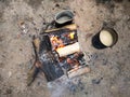 Preparation of food on fire. Tourist bowler on fire, cooking in the hike