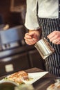 Preparation food in restaurant, grill steak with sauce and vegetable