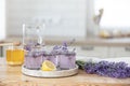 Preparation of fresh lavender lemonade. Step 7, ingredients for a making summer fresh cocktail. User's guide. Drink in Royalty Free Stock Photo