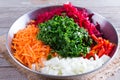 Preparation of fresh salad. Sliced vegetables for borsch Royalty Free Stock Photo
