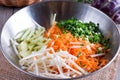 Preparation of fresh salad. Sliced vegetables. Royalty Free Stock Photo