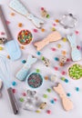 Preparation of gingerbread cookies. Easter cookies in the shape of a funny rabbit , tools necessary to make gingerbread pastry, Royalty Free Stock Photo