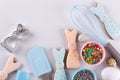 Preparation of gingerbread cookies. Easter cookies in the shape of a funny rabbit , tools necessary to make gingerbread pastry, Royalty Free Stock Photo