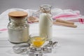 Preparation of gingerbread man cookies. Ingredients, cookie cutters and kitchen tools Royalty Free Stock Photo