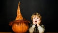Preparation for Halloween holidays. Surprised kid boy with halloween jack-o-lantern. Cute Halloween child with pumpkin
