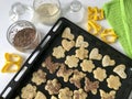 Preparation of homemade cakes. On the table is a baking sheet with biscuit pieces, dough molds and sprinkling in the form of sesam