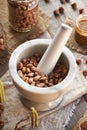 Preparation of homemade hazelnut butter in a marble mortar Royalty Free Stock Photo