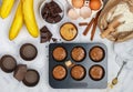 Preparation of dough for homemade muffins with banana and chocolate Royalty Free Stock Photo