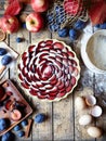 Preparation homemade plum cake zwetschgendatschi. Ingredients. Rustic style. Top View. Royalty Free Stock Photo