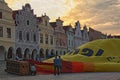 Preparation of a hot air balloon for flight in the main square of the city Telc. Royalty Free Stock Photo