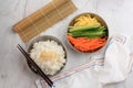 Preparation Ingredient Making Gimbap Korean Roll Rice. White Rice Bap with Nori Seaweed or Laver with Various Ingredient