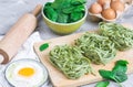Preparation Italian Raw Homemade Green Spinach Pasta Tagliatelle Cooking Baking Kitchen Table Different Ingredients Royalty Free Stock Photo
