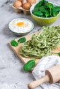 Preparation Italian Raw Homemade Green Spinach Pasta Tagliatelle Cooking Baking Kitchen Table Different Ingredients Royalty Free Stock Photo