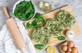 Preparation Italian Raw Homemade Green Spinach Pasta Tagliatelle Cooking Baking Kitchen Table Different Ingredients Royalty Free Stock Photo