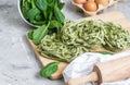 Preparation Italian Raw Homemade Green Spinach Pasta Tagliatelle Cooking Baking Kitchen Table Different Ingredients