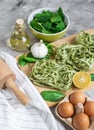 Preparation Italian Raw Homemade Green Spinach Pasta Tagliatelle Cooking Baking Kitchen Table Royalty Free Stock Photo