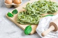 Preparation Italian Raw Homemade Green Spinach Pasta Tagliatelle Cooking Baking Kitchen Table Royalty Free Stock Photo