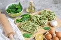 Preparation Italian Raw Homemade Green Spinach Pasta Tagliatelle Cooking Baking Kitchen Table Royalty Free Stock Photo