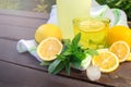 Preparation of the lemonade drink. Lemonade in the glass with lemons Royalty Free Stock Photo